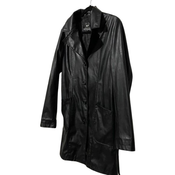 Marcelle Renee Classic Black Faux Leather Trench Coat Belted Jacket Medium M - Picture 5 of 14